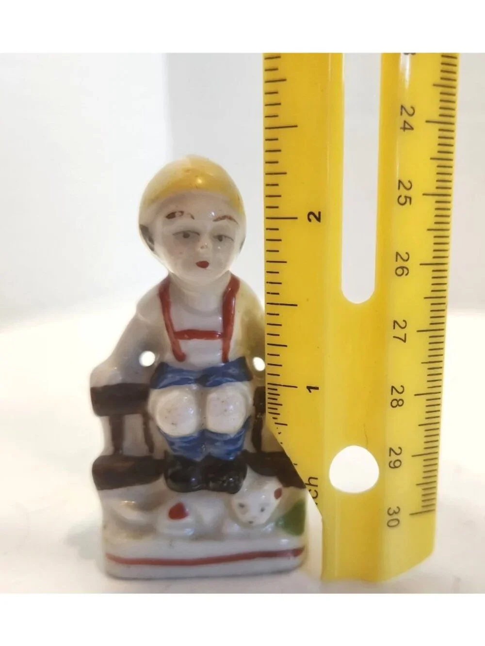 Vintage Mini Hand-Painted Porcelain Figurine Of A Boy Sitting On A Bench READ